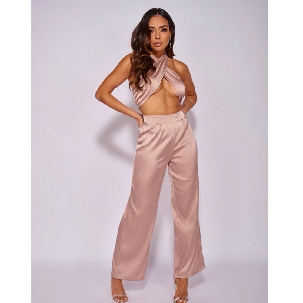 Nude Satin Silk Halter Neck Crop Top and High Waist Wide Leg Pants Two Piece Set - Picture 13 of 15